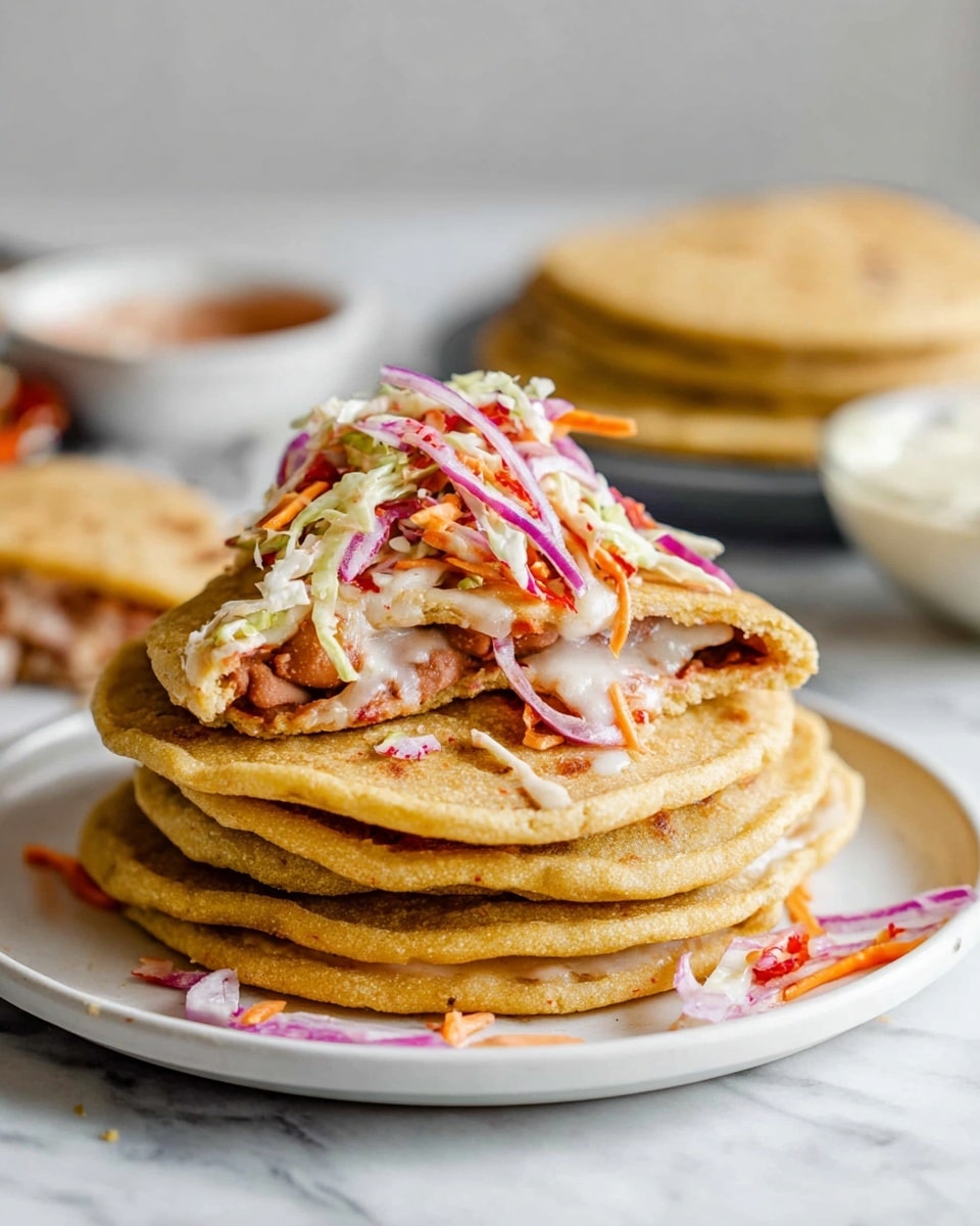 A stack of four thick, golden corn tortillas sits on a white plate on a white marbled surface. The top tortilla is broken in half and shows a melted white cheese and red bean filling oozing out. On top of the broken tortilla is a small pile of shredded cabbage slaw mixed with thin slices of red onion, bright orange shredded carrots, and bits of red sauce. Extra slaw and onion slices are scattered around the plate. In the blurred background, more tortillas are stacked on another white plate and there are bowls of salsa and creamy sauce. photo taken with an iphone --ar 4:5 --v 7