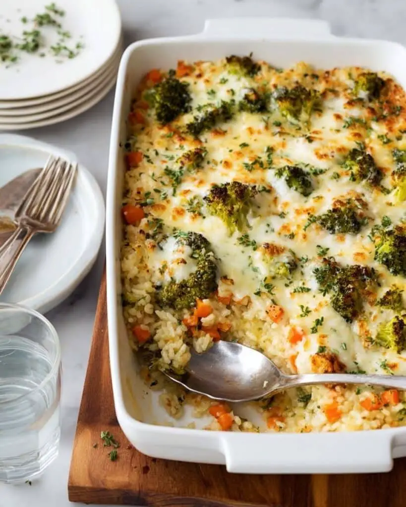 Broccoli Quinoa Casserole with Roasted Vegetables and Cheesy Topping Recipe