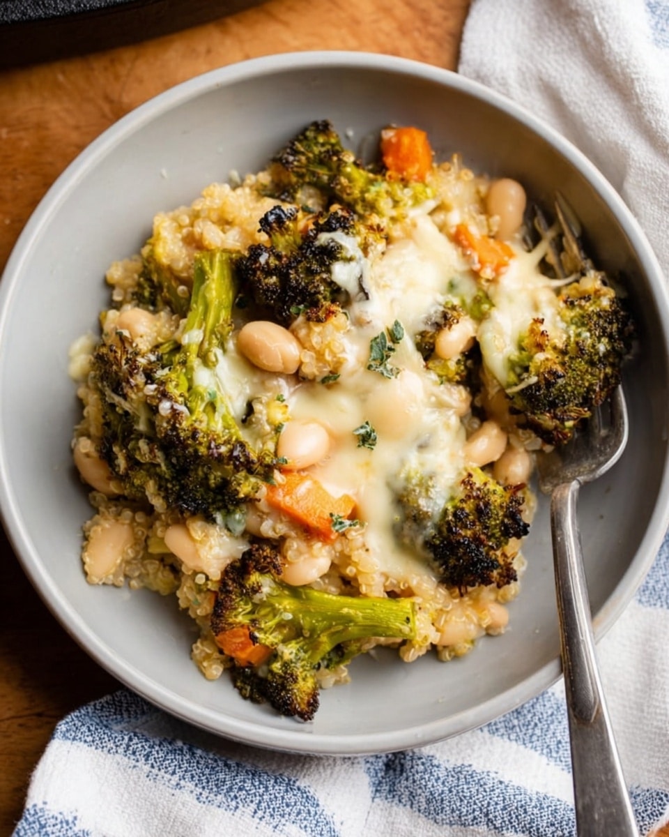 The dish shows a white bowl filled with a layered mix starting with roasted green broccoli pieces that have charred edges, scattered white beans, and small chopped orange carrot chunks mixed into a base of light beige creamy grains, likely quinoa. On top, melted white cheese stretches and covers parts of the broccoli, adding a stretchy texture, while small green herb bits are sprinkled over the top. A silver fork rests inside the bowl on the right side, and the bowl sits on a wooden table next to a white and blue striped cloth. Photo taken with an iphone --ar 4:5 --v 7