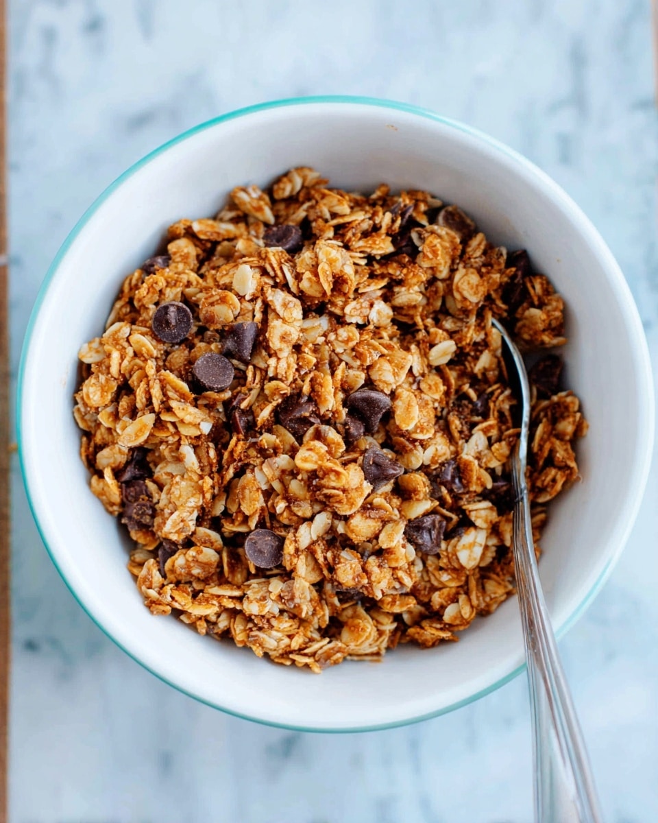 A white bowl is filled with one layer of golden-brown granola mixed with dark chocolate chips and small seeds, showing a rough and crunchy texture. A silver spoon peeks out from the right side of the bowl, resting on the granola. The bowl sits on a surface with a white marbled texture. Photo taken with an iphone --ar 4:5 --v 7