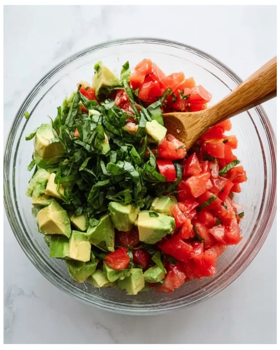 A clear glass bowl is filled with a fresh salad made of three main layers: the bottom layer has bright red diced tomatoes, the middle layer contains medium-sized chunks of light green avocado, and the top layer is a mix of thinly sliced dark green leafy herbs. A wooden spoon is partially inside the bowl on the right side, resting on the ingredients. The bowl is placed on a white marbled surface, giving a clean and fresh look. photo taken with an iphone --ar 4:5 --v 7