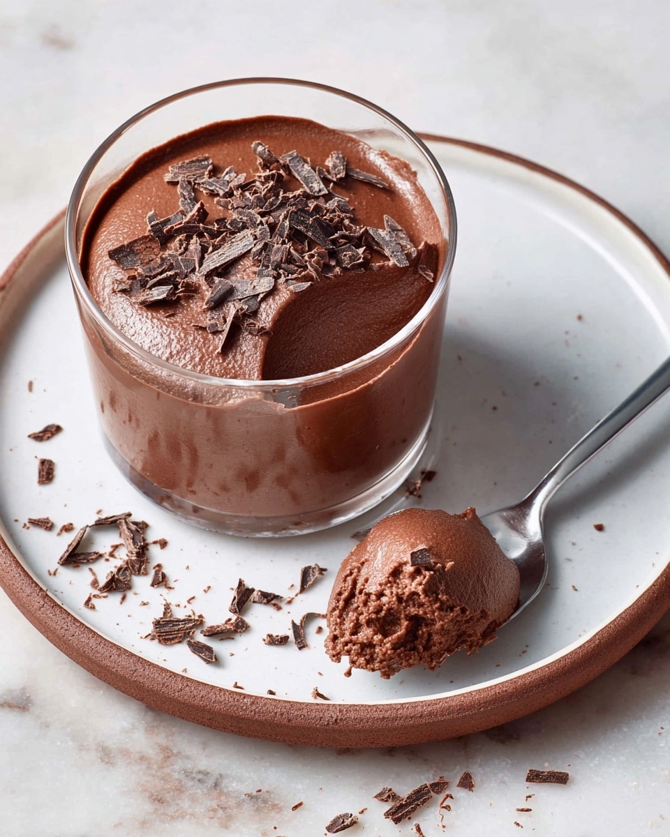 A clear glass cup filled with one smooth, thick layer of dark brown chocolate mousse topped with small chocolate shavings scattered on the surface. The cup sits on a white plate with a thin brown rim, placed on a white marbled surface. Next to the cup, a silver spoon holds a rounded scoop of the same chocolate mousse, showing its creamy texture. Some chocolate shavings are also scattered around the plate, photo taken with an iphone --ar 4:5 --v 7