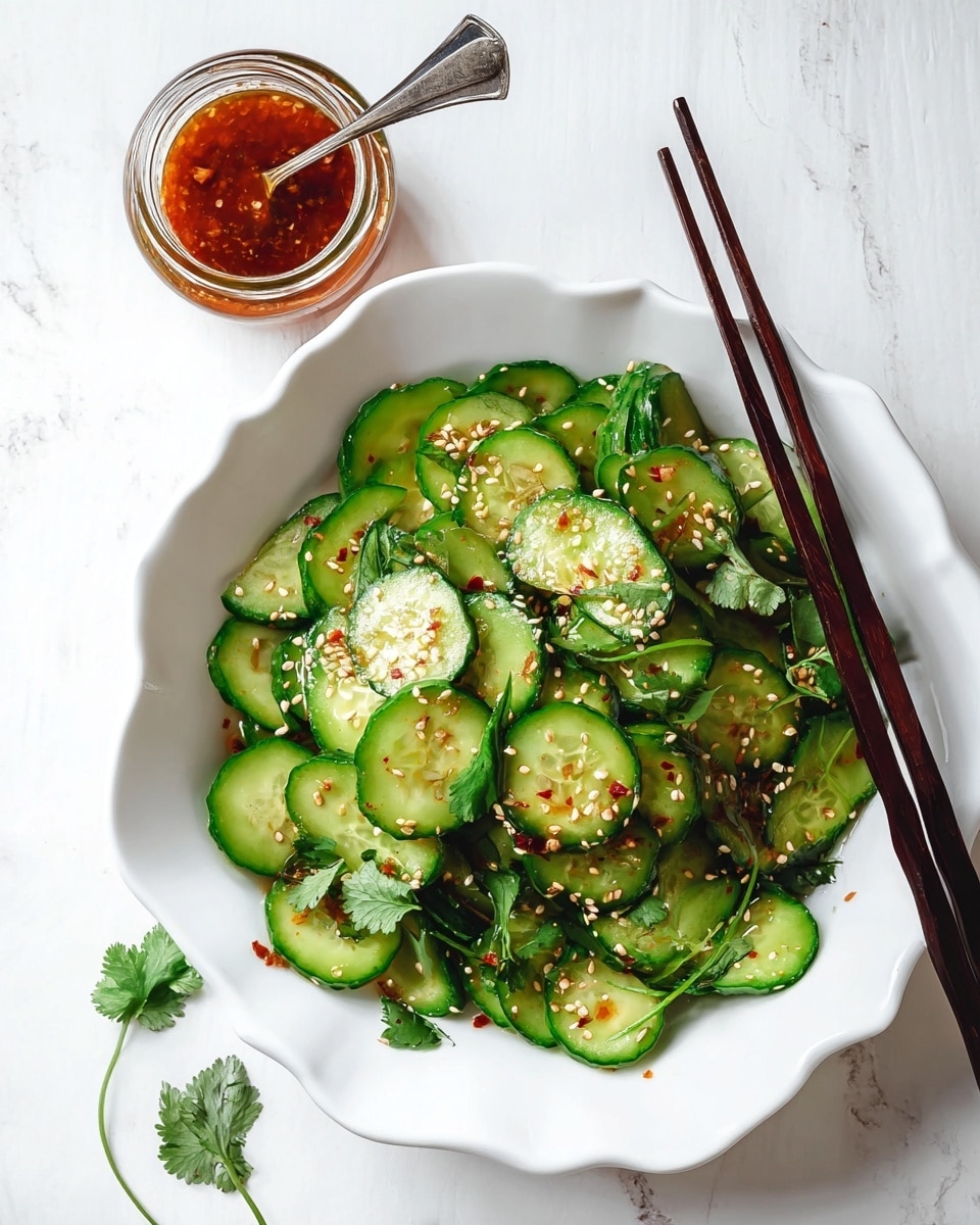 The dish shows a white scalloped bowl filled with many thin cucumber slices, each bright green with light, translucent centers. Scattered on top are small light-colored sesame seeds and red chili flakes sprinkled evenly. Bright green coriander leaves with stems are mixed throughout the cucumbers and a few are placed on the bowl’s edge. Two dark brown chopsticks rest on the right side of the bowl. Near the top left of the image, a small glass jar of reddish-brown sauce with a silver spoon inside sits on a white marbled surface. The photo taken with an iphone --ar 4:5 --v 7
