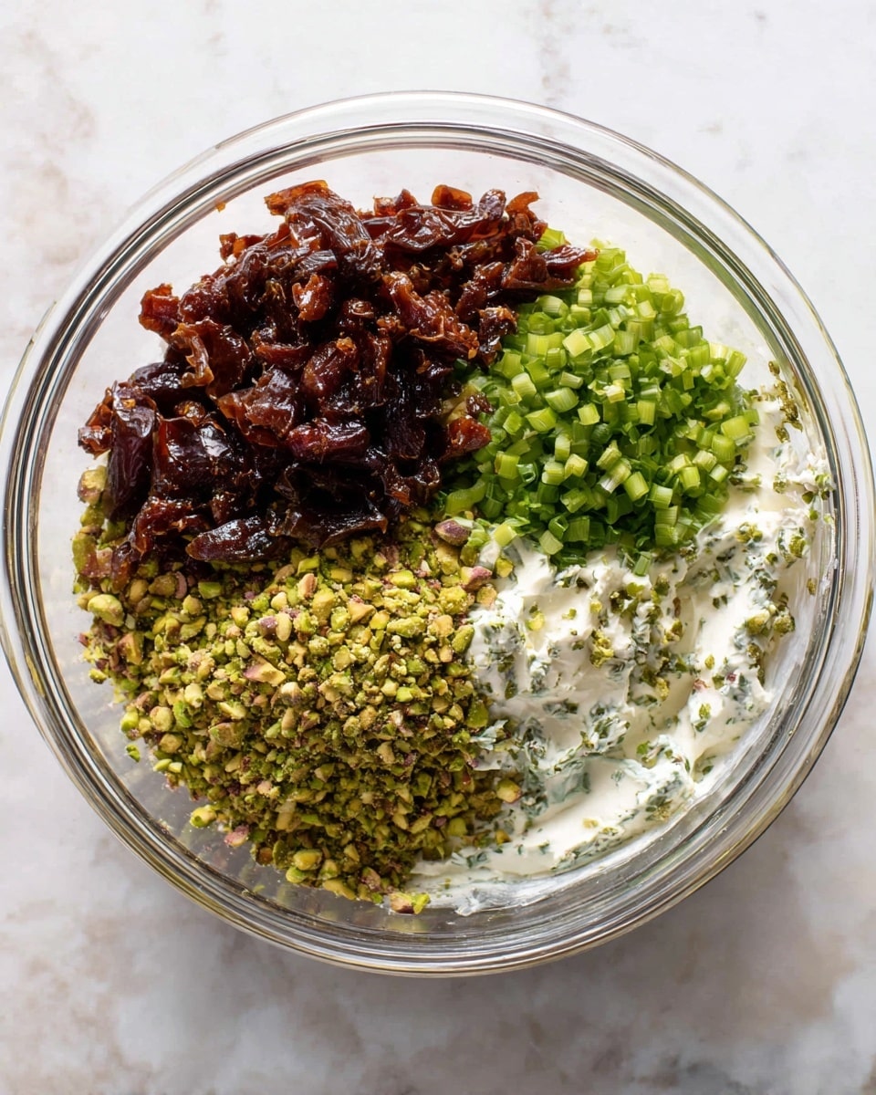 A clear glass bowl on a white marbled surface holds four distinct layers visible from above: the top left has dark brown chopped dates with a glossy texture, the top right layer shows bright green chopped scallions, the bottom left layer contains crushed green pistachios, and the bottom right layer has a creamy white mixture with green herb specks. The layers are neatly separated and almost fill the bowl. Photo taken with an iphone --ar 4:5 --v 7