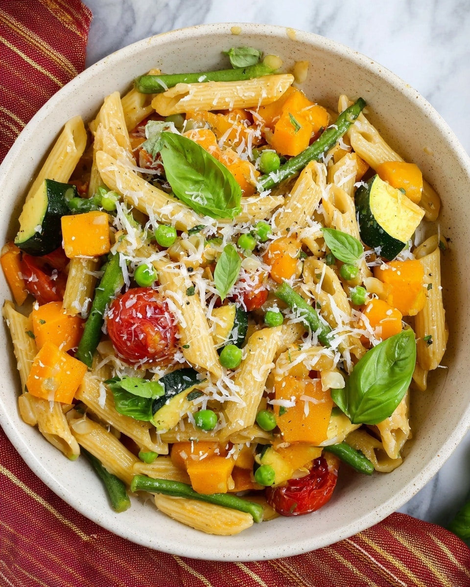 The image shows a deep white ceramic bowl filled with penne pasta mixed with colorful vegetables. The base layer is light yellow penne pasta scattered throughout the bowl. On top, there are bright green peas, slices of green zucchini, pieces of orange butternut squash, and some green beans. Mixed in are halved red cherry tomatoes adding a vibrant red color. The dish is finished with a sprinkling of grated white cheese over everything and fresh green basil leaves scattered on top. The bowl sits on a white marbled surface with a red-striped cloth partially visible near the bottom. Photo taken with an iphone --ar 4:5 --v 7
