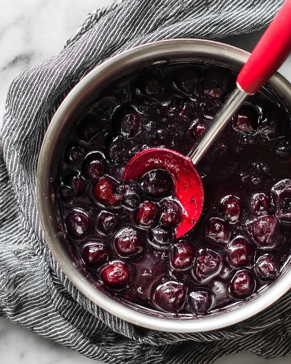 A close-up image of a stainless steel pot filled with dark purple cherry compote, showing whole and partially soft cherries in thick syrup. A bright red silicone spoon with a silver handle is stirring the cherries in the pot. The pot is placed on a black-and-white striped cloth on a white marbled surface. Photo taken with an iphone --ar 4:5 --v 7