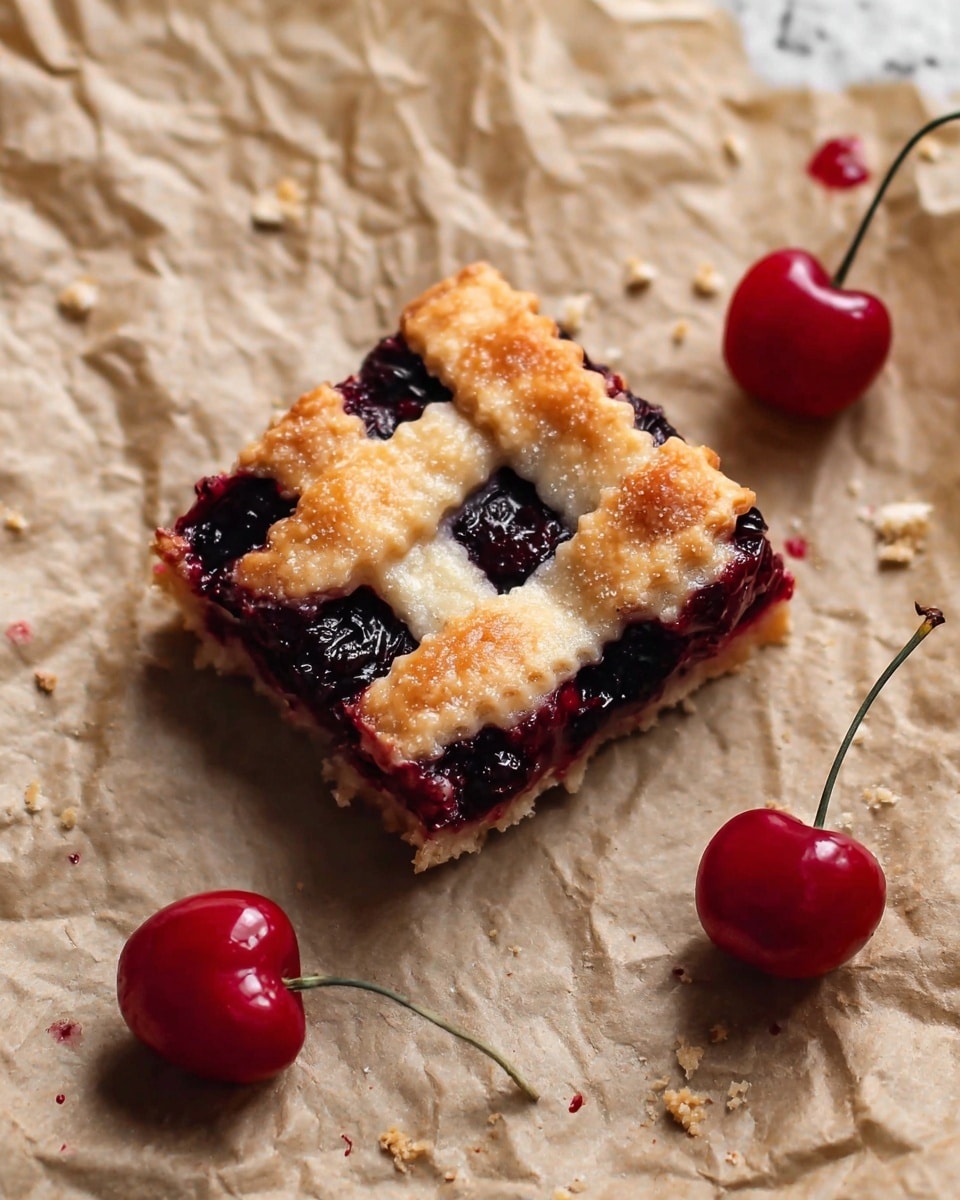 A small square piece of cherry pie is shown with three layers: the bottom layer is a golden-brown crust, the middle layer is a dark red cherry filling visible in thick patches, and the top layer is a lattice of golden crust strips with a sugary texture. The pie sits on crinkled brown parchment paper with small crumbs around it. Nearby, three fresh bright red cherries with green stems are placed on the paper. The overall background is a white marbled texture. photo taken with an iphone --ar 4:5 --v 7