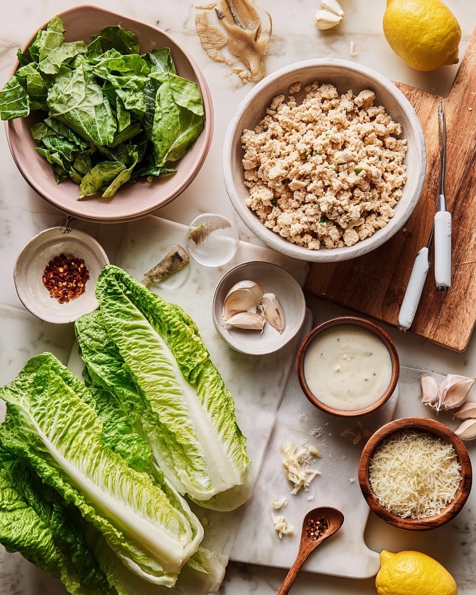 The image shows a white bowl filled with crumbled beige tofu or ground meat substitute. Next to the bowl, there is a white cutting board with a whole head of fresh green lettuce, detailed with visible veins and folds, partially cut in half. To the left, a pinkish-white bowl contains torn dark green leafy lettuce with two white salad servers resting on top. Around the main items, there are small bowls with various ingredients including garlic cloves, a slice of anchovy on a white dish, red pepper flakes, creamy white sauce with a wooden spoon, grated cheese in a wooden bowl, and fresh lemons, all set on a white marbled surface. The whole setting looks fresh and ready for making a healthy meal. Photo taken with an iphone --ar 4:5 --v 7