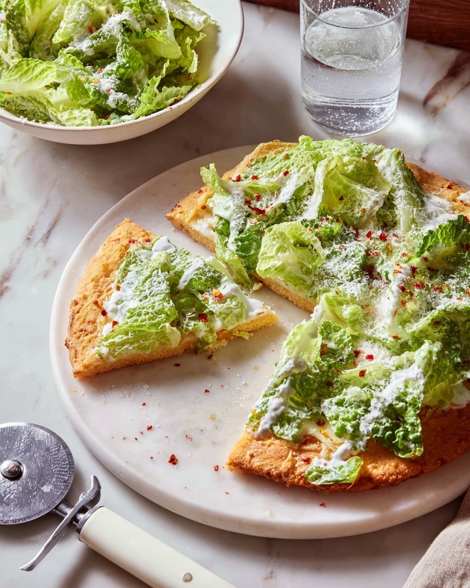 A white plate holds a flat, golden crust topped with fresh green lettuce leaves coated in white creamy dressing, sprinkled with grated white cheese and small red chili flakes; one slice is missing, showing the soft texture of the crust inside. Next to the plate is a white bowl with more green lettuce covered in white dressing. A clear glass of water stands behind the plate, and a pizza cutter with a white handle lies in the front on a white marbled tile surface. photo taken with an iphone --ar 4:5 --v 7