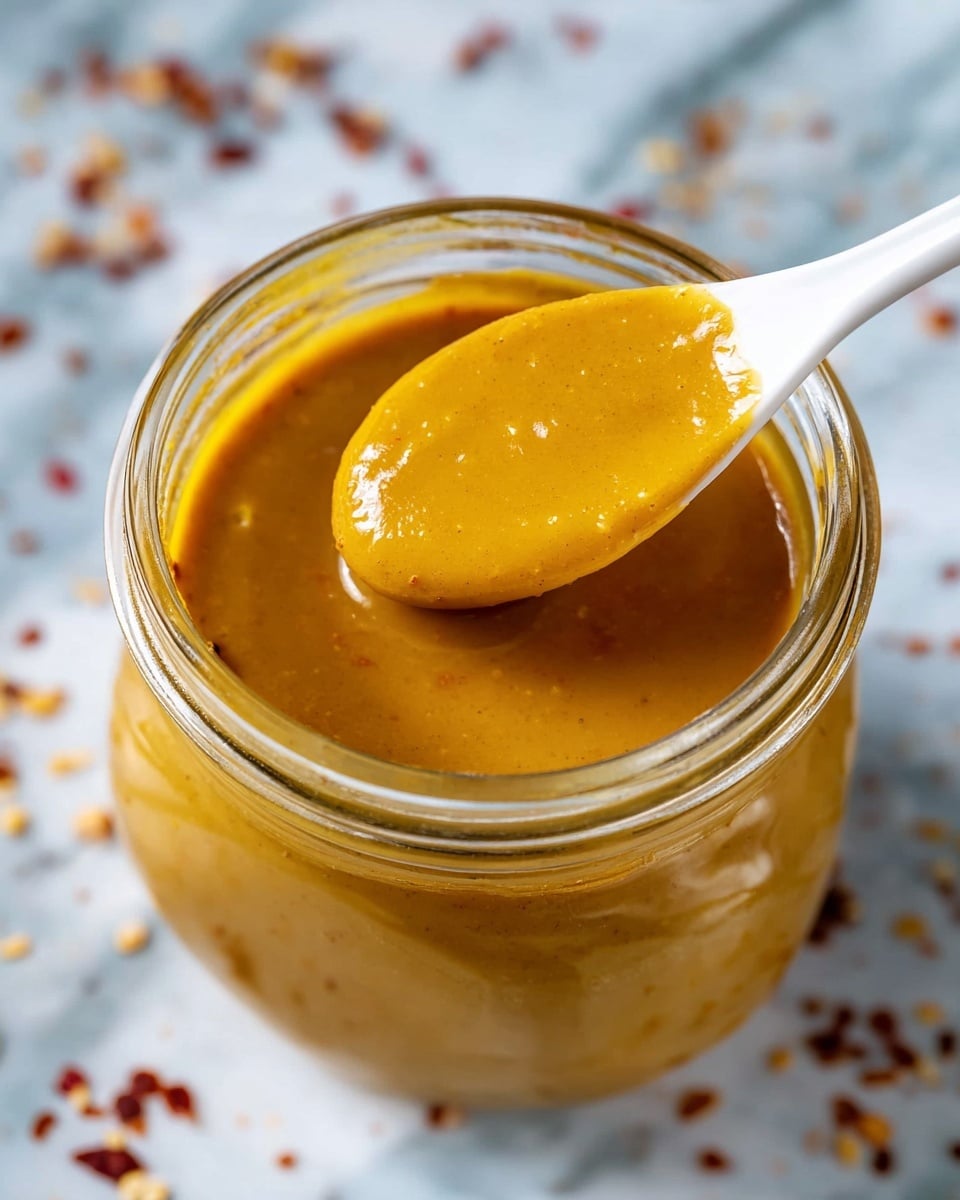 A close-up view of a clear glass jar filled with smooth, thick orange-yellow sauce. A white spoon is dipped inside the jar, lifting a spoonful of the sauce that shows its slightly shiny and creamy texture. The jar sits on a white marbled surface sprinkled with small red chili flakes. photo taken with an iphone --ar 4:5 --v 7