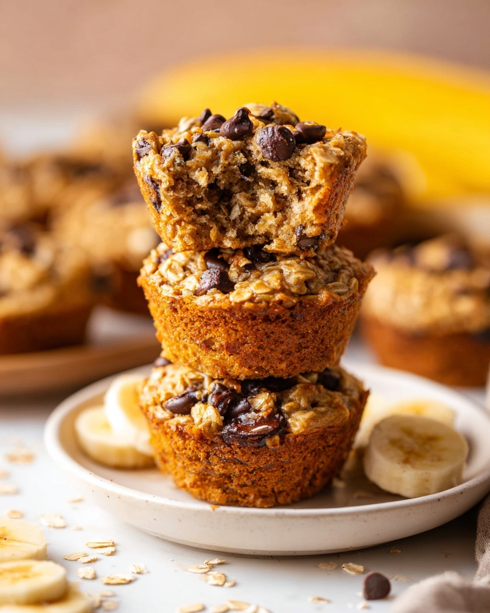 A stack of three oatmeal muffins with visible chocolate chips and oats on top sits on a white plate, placed on a white marbled surface. The middle muffin is topped with a half-eaten muffin showing the chewy texture inside with oats and chocolate pieces. Around the plate, there are sliced bananas and more muffins in the background, with warm soft lighting highlighting the golden-brown color of the muffins and the scattered oat and chocolate textures. Photo taken with an iphone --ar 4:5 --v 7