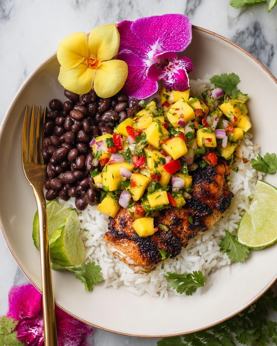 A white plate holds a bed of fluffy white rice as the base layer, topped with a grilled piece of dark brown and slightly charred chicken, covered with bright, colorful mango avocado salsa made of yellow mango, green avocado, red pepper, and red onion pieces. To the side, a small pile of shiny black beans rests on the rice, accented with fresh green cilantro leaves. Two green lime wedges sit near the beans, adding freshness. The plate is decorated with a purple orchid flower and a yellow flower with a pink center. A gold fork rests on the left side of the plate, and the whole scene is set on a white marbled surface. Photo taken with an iphone --ar 4:5 --v 7