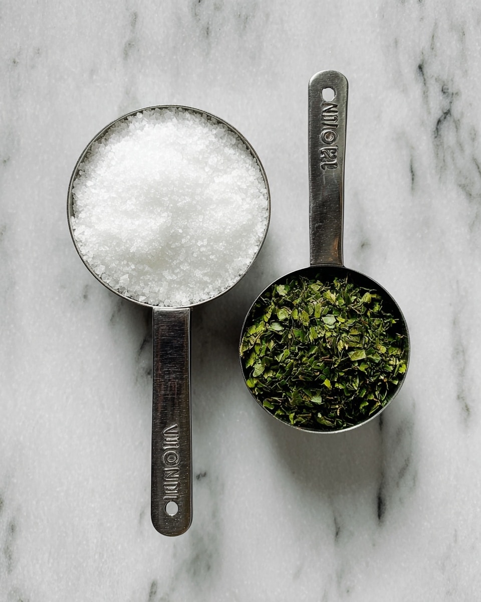 Two metal measuring cups are placed side by side on a white marbled surface, with one cup holding coarse white salt that fills its round shape fully, and the other cup containing chopped green herbs with a rough texture, also filled up. The handles of both cups show measurement markings, with the smaller cup measuring 1/2 cup and the larger 1 cup. Photo taken with an iphone --ar 4:5 --v 7