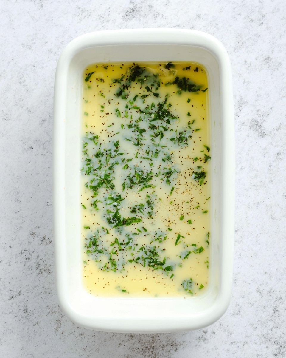 A white rectangular dish filled with a liquid mixture that is light yellow in color with small green chopped herbs scattered evenly throughout. Small bubbles and a light sprinkling of black pepper or seasoning are visible on the surface. The dish is set on a white marbled texture surface. Photo taken with an iphone --ar 4:5 --v 7
