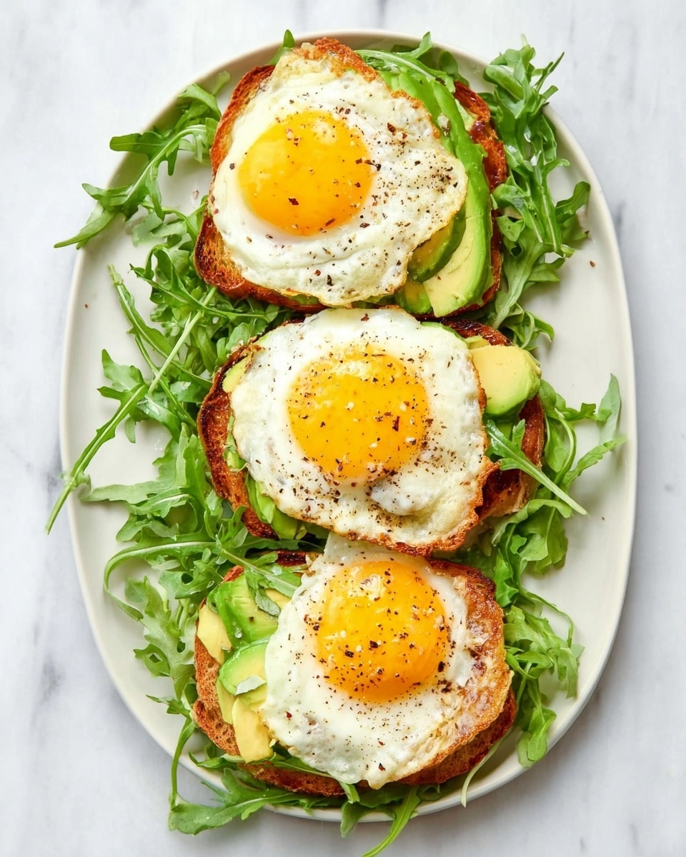 Three pieces of toasted bread are arranged vertically on a white plate on a white marbled surface. Each toast has fresh arugula leaves spread around and underneath it. On top of the toasted bread, slices of avocado are placed, slightly curved along the edges. Each toast is topped with a sunny-side-up fried egg, the bright yellow yolks centered and shiny, with tender white edges slightly browned and sprinkled with black pepper. The colors are fresh and vibrant with the green arugula and avocado contrasting with the warm brown toast and yellow egg yolks. photo taken with an iphone --ar 4:5 --v 7