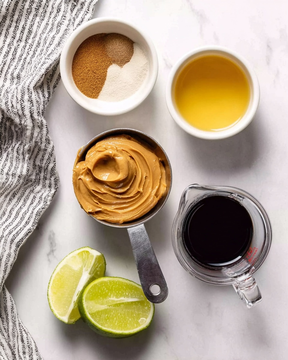 The image shows six separate ingredients on a white marbled surface. In the top left, there's a small white bowl filled with a mix of brown spices and white powder. To the right of this bowl is another small white bowl holding a golden yellow liquid. Below the spice bowl, a silver measuring cup is filled with smooth peanut butter, its surface swirled gently. Next to the peanut butter and slightly below, there is a halved lime showing its green, juicy inside. In the bottom right corner, a clear measuring cup holds a dark liquid, likely soy sauce or a similar condiment. All items are arranged neatly with a striped cloth partially visible in the top left corner of the frame. Photo taken with an iphone --ar 4:5 --v 7