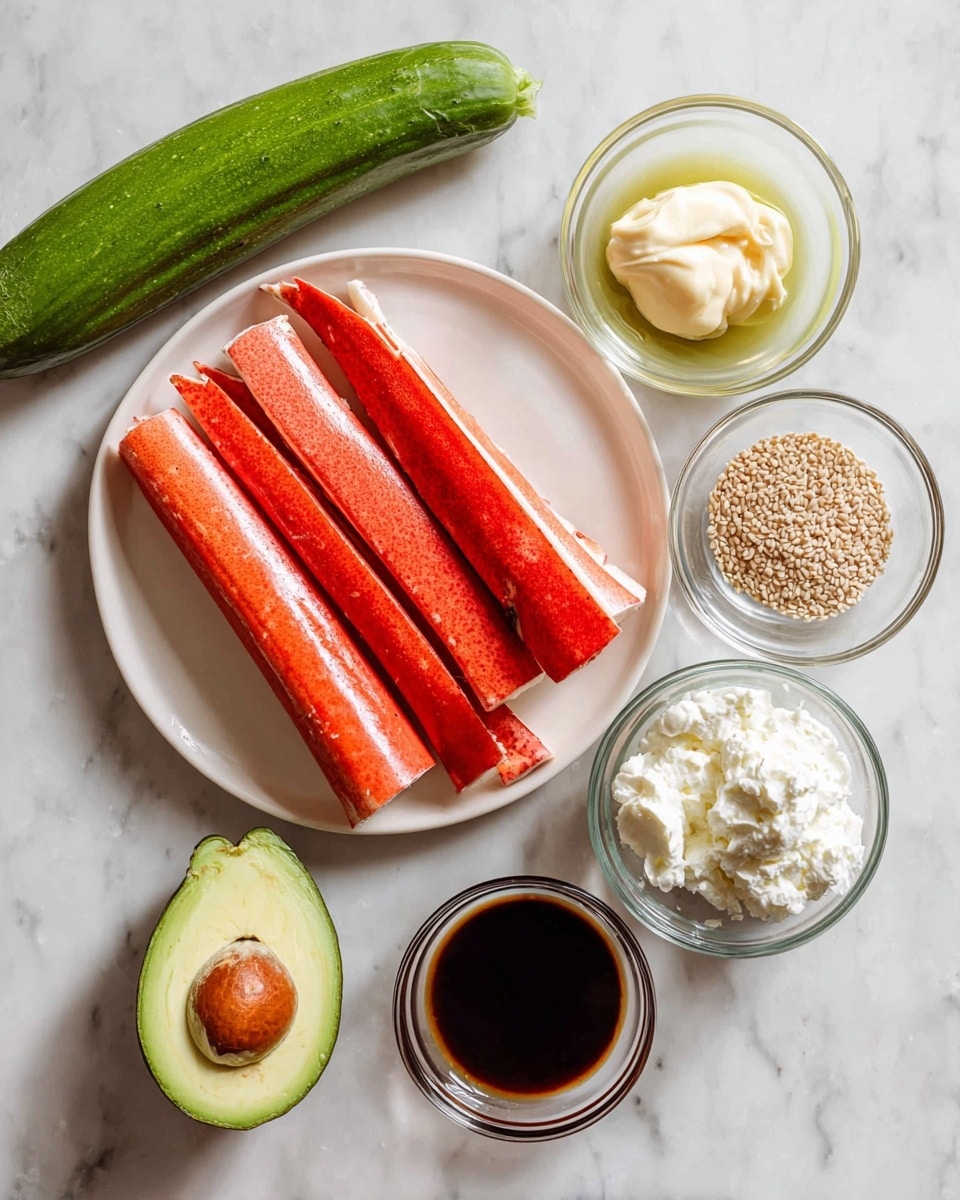 A white plate is shown on a white marbled surface, holding four long, red crab sticks stacked in the center left. Around the crab sticks are small clear glass bowls with different ingredients: light beige creamy mayonnaise at the bottom, white creamy cheese on the right, dark brown soy sauce on the upper right, and small light brown sesame seeds at the top center. To the plate's left, an unpeeled green cucumber lays vertically, and beside it, a halved avocado with a brown seed is facing up, showing light green flesh inside. Photo taken with an iphone --ar 4:5 --v 7
