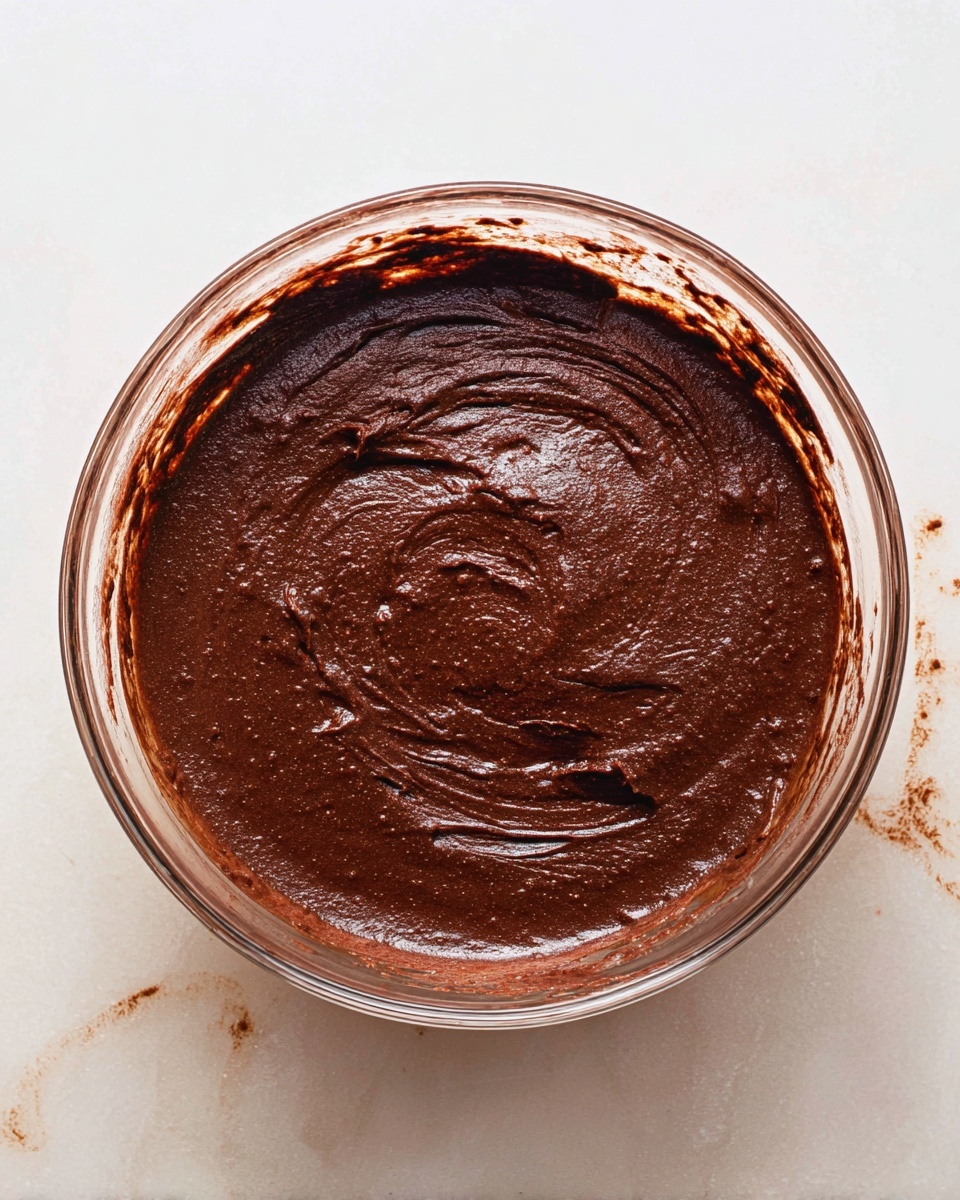 A clear glass bowl filled with a thick, dark brown chocolate batter that has a smooth and slightly shiny texture. The batter is spread evenly inside the bowl with some streaks and swirls visible on the surface, showing its creamy consistency. The bowl sits on a white marbled surface with small chocolate smudges around the edges, adding a natural, casual touch. photo taken with an iphone --ar 4:5 --v 7