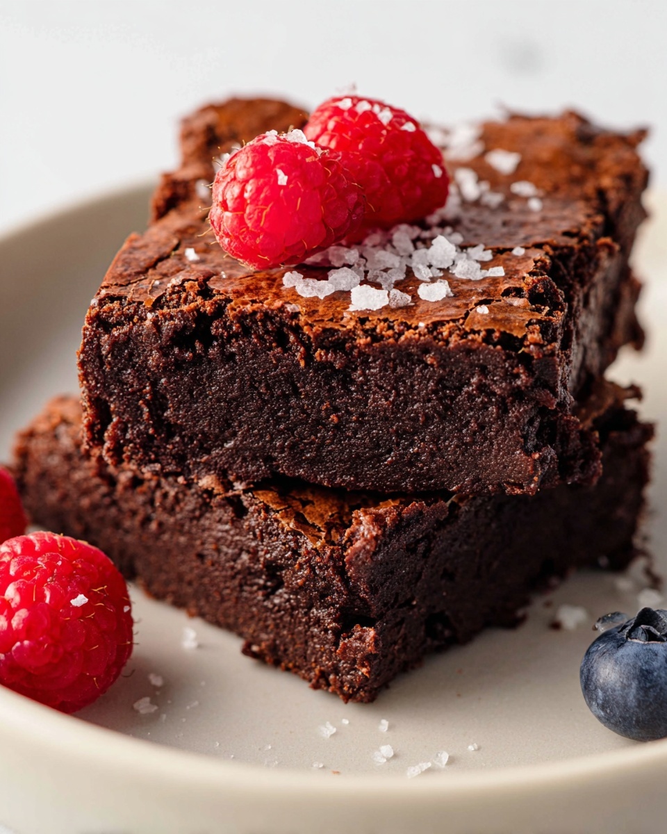 Two thick, square chocolate brownies sit stacked on a white plate with a white marbled background. The brownies have a dark, rich color with a slightly cracked, dry top texture and dense, moist inside. The top brownie is decorated with two bright red raspberries and lightly sprinkled with flakes of white sea salt. A small blueberry is partially visible on the side near the edge of the plate. Photo taken with an iphone --ar 4:5 --v 7