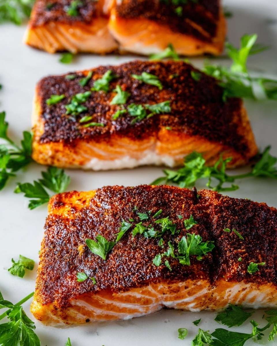 The image shows three pieces of cooked salmon with a rich brown and orange crust, giving them a slightly crispy texture. Each salmon piece has a bright orange-pink inner layer visible beneath the darkened outer layer of seasoning. The fish is sprinkled with small green parsley leaves, adding a fresh touch of green to the dish. These salmon pieces are placed on a white plate with a white marbled surface beneath it. Around the salmon, fresh parsley sprigs add more bright green color and softness to the presentation. Photo taken with an iphone --ar 4:5 --v 7