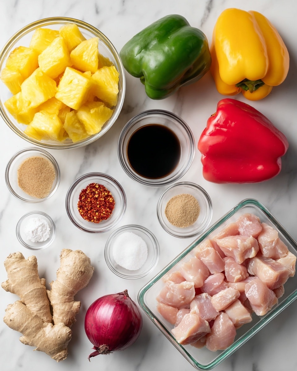 The image shows raw diced chicken pieces in a clear glass rectangular container at the bottom right. To the top left, there is a clear glass bowl filled with bright yellow pineapple chunks. Next to the pineapple, there are two whole bell peppers, one red and one green, placed directly on the white marbled surface. Various small glass bowls hold light brown sugar, dark soy sauce, and a light brown liquid. There is a small bowl with white powder near a small bowl with red pepper flakes and light-colored powder. A whole piece of fresh ginger root and a whole red onion with skin intact are also on the white marbled surface, arranged neatly around the chicken and fruit. photo taken with an iphone --ar 4:5 --v 7