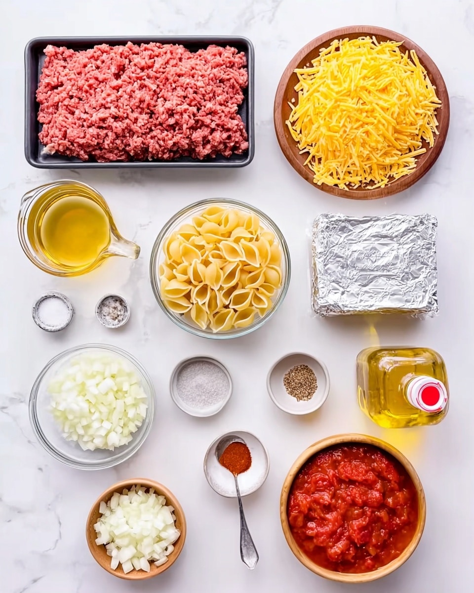 The image shows multiple ingredients arranged neatly on a white marbled surface. At the top left is a black tray filled with raw ground meat, next to it on the right is a wooden bowl containing shredded yellow cheese. To the right of the cheese is a rectangular block of foil-wrapped butter. Below the meat and cheese, there is a clear glass bowl filled with uncooked shell pasta, and to its left, a clear glass measuring cup with broth inside. Close to the broth is a small clear container of salt and a small clear container of black pepper. Below the shells is a wooden bowl filled with chopped white onions. In the center bottom of the image is a clear glass bowl with crushed tomatoes. To the right, a small white bowl with reddish-brown seasoning and a spoon inside. At the far right, there is a glass bottle filled with yellow oil with a red and white cap. The colors vary from bright red, yellow, white, and clear, with natural textures from each ingredient visible. Photo taken with an iphone --ar 4:5 --v 7