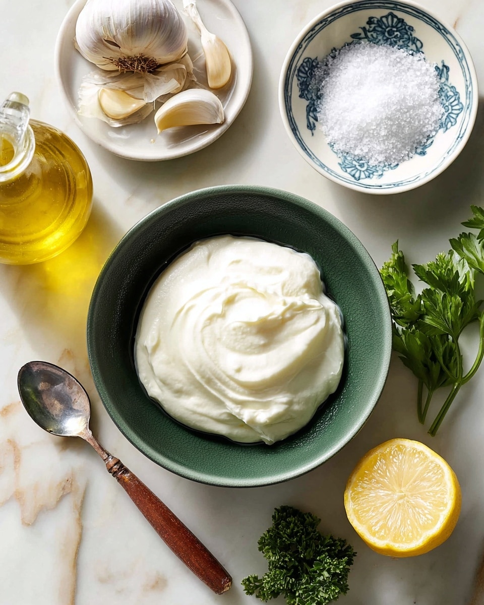 The image shows a dark green bowl filled with smooth, creamy white yogurt in the center on a white marbled surface. Above it, there is a small white bowl with blue floral patterns filled with coarse white salt. To the left, a small white plate holds a garlic bulb with some peeled garlic cloves and a small bunch of green parsley. A spoon with a wooden handle lies at the bottom left corner. On the upper right side, half a yellow lemon rests next to a whole lemon. A clear bottle of golden-yellow olive oil is placed at the top left. The whole scene is bright and clean with natural light, photo taken with an iphone --ar 4:5 --v 7