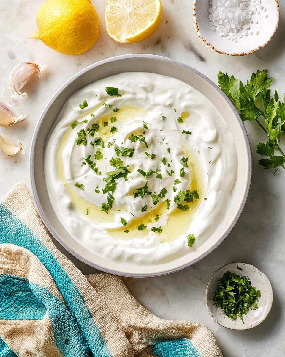 A deep white bowl filled with a thick, creamy white yogurt sauce spread smoothly with soft peaks; the sauce is topped with a light drizzle of golden olive oil and scattered bright green fresh parsley leaves and chopped herbs, adding a splash of color. Around the bowl, the white marbled surface holds a halved lemon, garlic cloves with their skins partially peeled, a small white dish with more chopped herbs, and a patterned bowl of coarse salt. A striped beige and teal cloth napkin lies partially under the bowl. Photo taken with an iphone --ar 4:5 --v 7