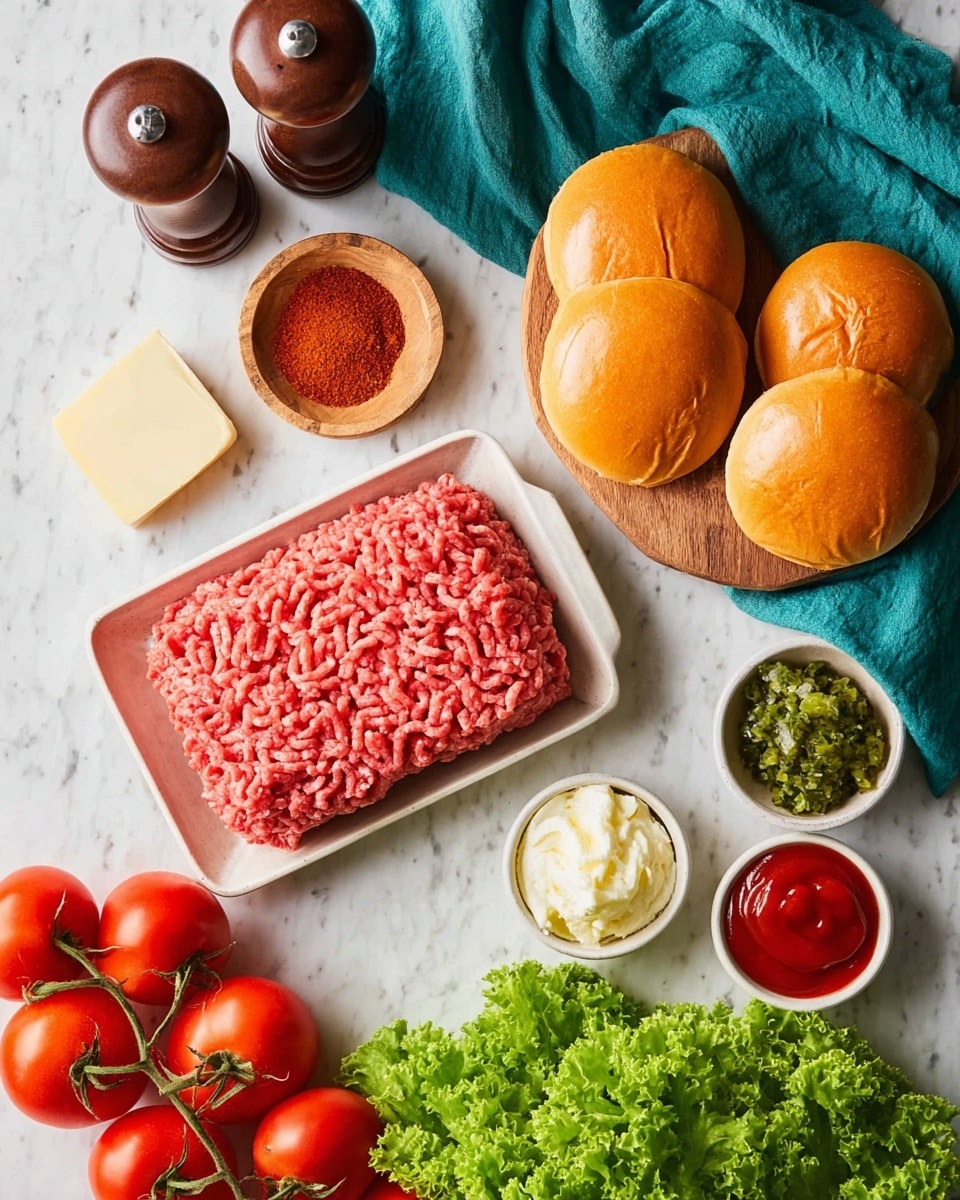 A flat white tray holds fresh pink ground meat in the center of a white marbled surface. Above it, on the right, is a wooden board with four soft, shiny golden brown burger buns. Small white bowls near the meat hold bright red ketchup, creamy pale mayonnaise, and green chopped pickles. A wooden dish on the left side contains red paprika powder. Two dark wooden pepper grinders are placed near a bunch of bright red tomatoes on the vine sitting on a teal cloth. On the bottom right, vibrant green curly lettuce adds fresh color to the scene. A small square of butter is near the top left corner. Photo taken with an iphone --ar 4:5 --v 7