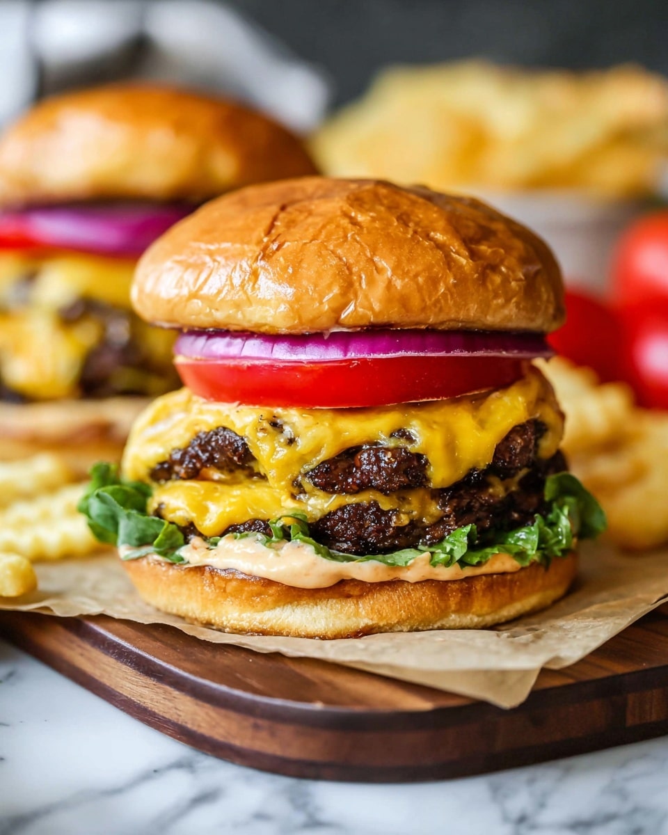 A close-up view of a double cheeseburger on a wooden board with parchment paper. The bottom layer is a toasted golden-brown bun with a spread of creamy sauce and green leafy lettuce. On top of that are two thick, dark brown beef patties, each covered with melted yellow cheddar cheese that slightly drapes over the sides. Above the cheese are slices of red onion and a thick red tomato slice, topped with a shiny, soft, light golden sandwich bun holding everything together. There are some wavy, golden fries scattered around the board, all set on a white marbled surface with blurry tomatoes and other burgers in the background. Photo taken with an iphone --ar 4:5 --v 7