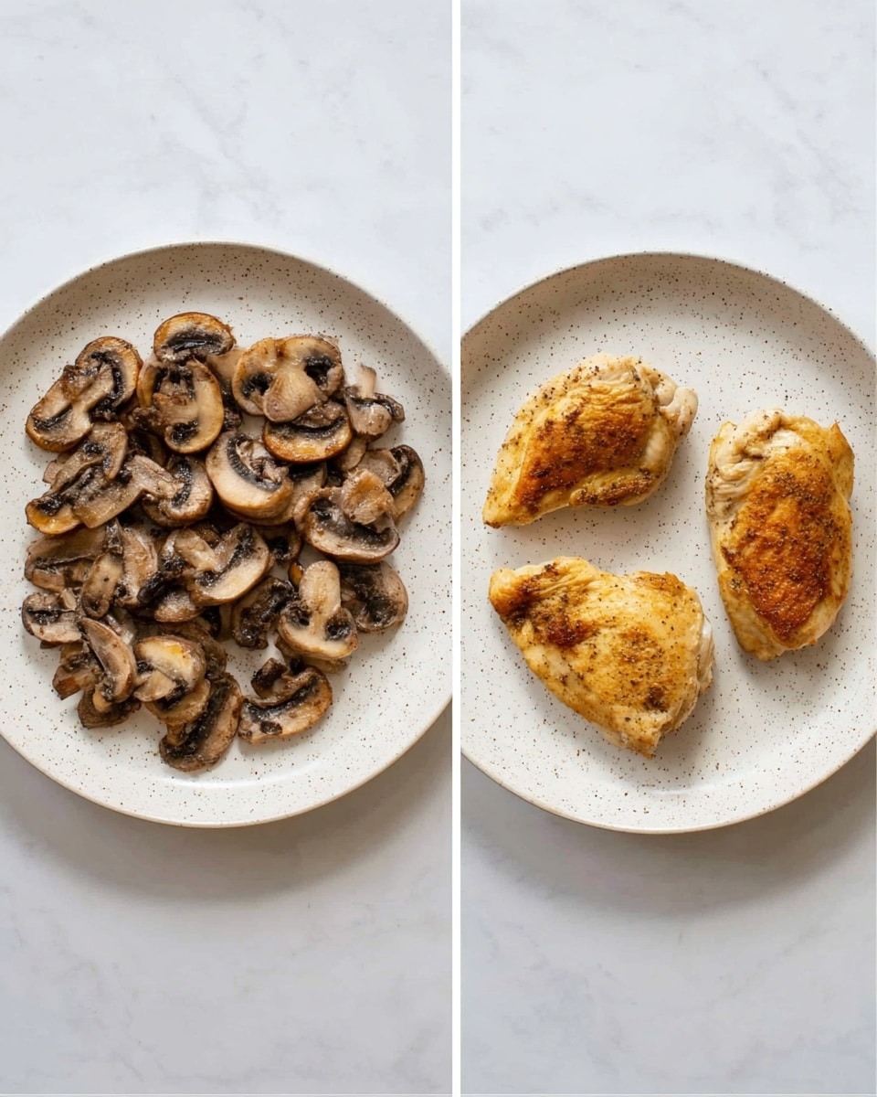 The image shows two white speckled plates placed side by side on a white marbled surface. The left plate holds a single layer of cooked brown mushroom slices that are spread out evenly, showing their varied rounded and curved shapes with darker edges and lighter centers. The right plate contains two cooked pieces of chicken, golden brown in color with some darker spots, positioned side by side and evenly spaced. Both the mushrooms and chicken have slight texture details from cooking, with the chicken pieces showing a light crispness on the surface. Photo taken with an iphone --ar 4:5 --v 7