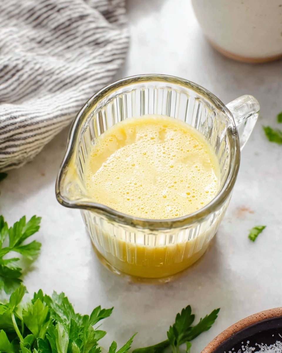 A clear glass measuring cup with vertical ridges and a handle holds a light yellow, creamy liquid with a slightly frothy surface. The cup is placed on a white marbled texture, with fresh green parsley leaves nearby on the bottom left side. A soft striped cloth in gray and white is partially visible in the top left corner, while a white cup is faintly seen on the right. Part of a dark ceramic bowl with a white sprinkle inside is at the bottom right edge. The overall setting is clean and bright. photo taken with an iphone --ar 4:5 --v 7