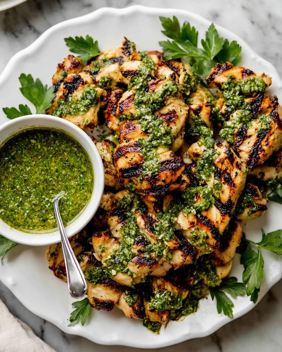 A white plate placed on a white marbled surface holds a generous pile of grilled chicken pieces arranged in a layered way. The chicken pieces are golden brown with dark grill marks, covered in bright green herb sauce spots. Fresh green parsley leaves are tucked around the edges of the chicken for decoration. In the middle near the back of the plate, there is a small white bowl filled with thick, chunky green herb sauce with a silver spoon resting inside it. The photo taken with an iphone --ar 4:5 --v 7