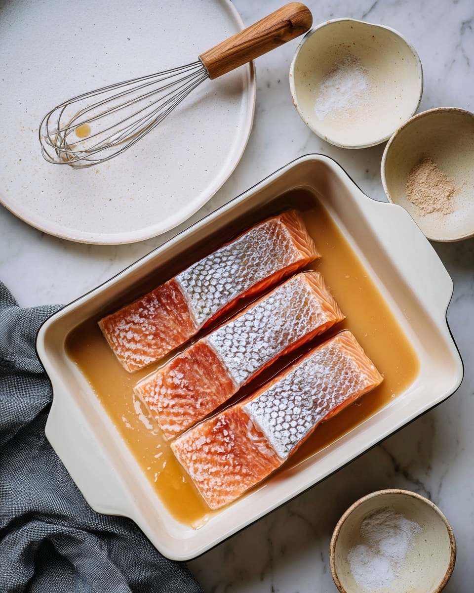 Four pieces of raw salmon with silver scales facing up are arranged side by side inside a white rectangular baking dish with a light brown sauce underneath them. Surrounding the dish on a white marbled surface are a large white round plate with a wooden-handled metal whisk resting on it, and several small white and beige bowls, some with traces of sauce or powder. A gray cloth is partially visible at the bottom left corner of the image. photo taken with an iphone --ar 4:5 --v 7