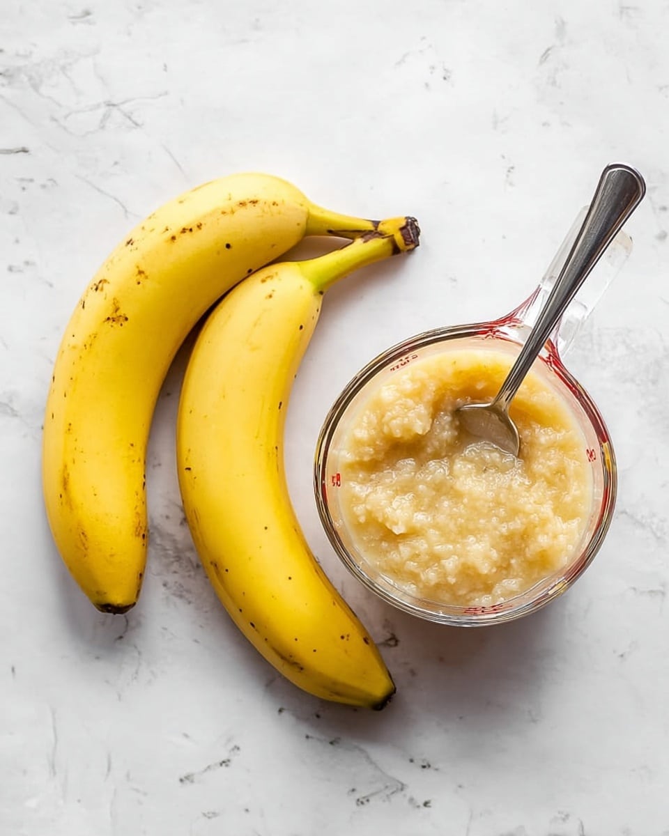 Two whole yellow bananas with small brown spots lie on a white marbled surface next to a clear glass measuring cup containing mashed bananas. The mashed bananas inside the cup have a pale yellow color with a slightly chunky texture. A silver spoon with a smooth, shiny surface rests inside the cup, angled towards the right. The overall scene is bright and simple with natural light, showing the details of the bananas and the mash clearly. Photo taken with an iphone --ar 4:5 --v 7