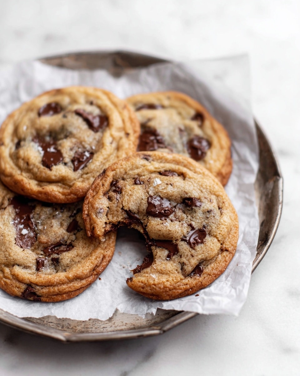 A group of four golden brown chocolate chip cookies with slightly crispy edges and soft centers are placed together on white parchment paper inside a round metal tray. The cookies are studded with dark chocolate chips scattered across each cookie, and one cookie in the front has a small bite taken out of it, revealing melted chocolate inside. The tray rests on a white marbled surface, creating a clean and bright background. Photo taken with an iphone --ar 4:5 --v 7