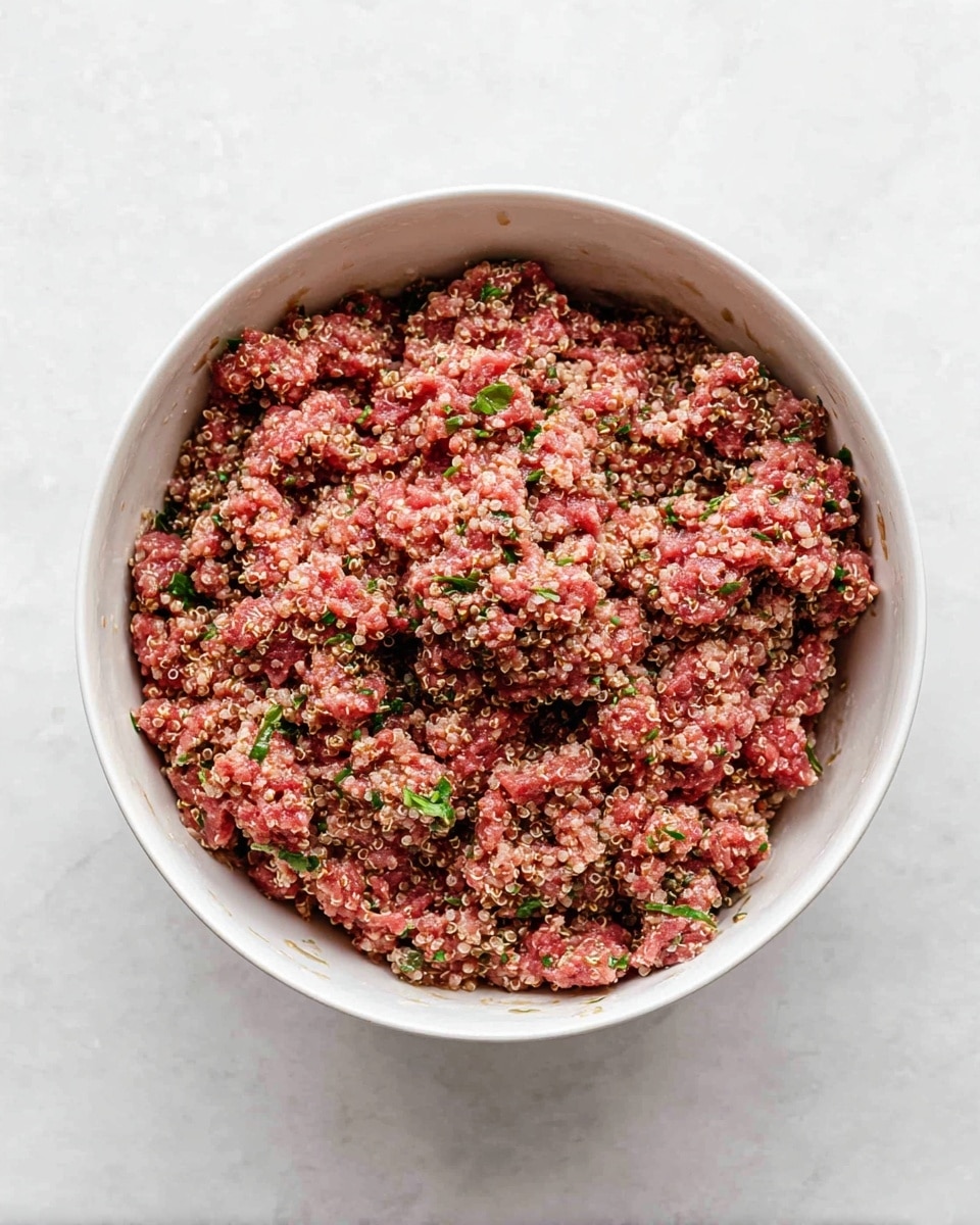 A close-up top view of a white bowl filled with a mixed raw meat and quinoa salad. The dish has a chunky texture with small grains of white quinoa scattered throughout the pinkish-red raw meat. Small green herb leaves are mixed evenly, adding touches of green throughout. The bowl sits on a white marbled surface, showing some juice stains on the bowl's inner rim. The mixture looks fresh and dense, with a rough and coarse texture visible across the surface. photo taken with an iphone --ar 4:5 --v 7