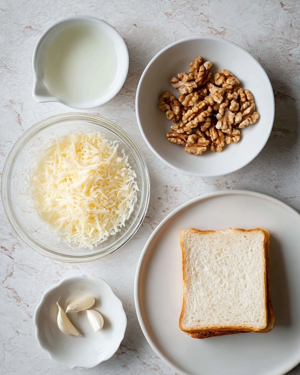 A scene with four white dishes set on a white marbled surface; the top right holds a white bowl filled with whole walnut halves and a single peeled garlic clove, the bottom left features a clear glass bowl piled with finely shredded pale yellow cheese, the top left has a small white pouring cup containing a small amount of white liquid, and the bottom right shows a white plate with one slice of plain white sandwich bread placed flat. photo taken with an iphone --ar 4:5 --v 7