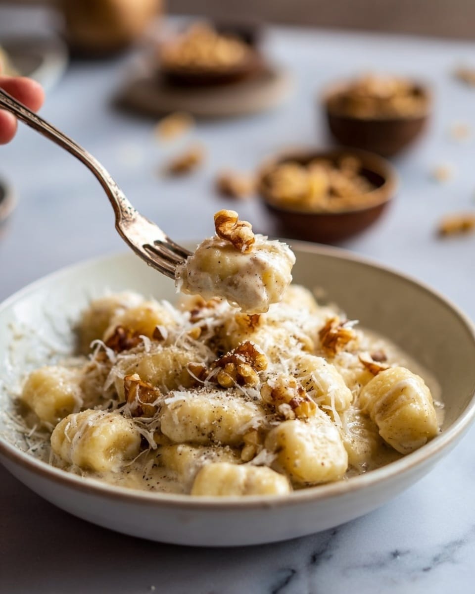 A bowl of creamy gnocchi in a white bowl sits on a white marbled surface. The gnocchi pieces are soft and coated in a thick, light beige sauce with a slightly grainy texture. Scattered on top are small pieces of golden brown walnuts adding crunch. Some finely grated white cheese is sprinkled over the dish, giving a delicate layer of texture and brightness. A vintage silver fork lifts several gnocchi pieces and walnuts from the bowl, held by a woman's hand, showing the food’s smooth and rich butteriness. The background is softly blurred with small bowls and walnuts out of focus, highlighting the main dish. Photo taken with an iphone --ar 4:5 --v 7