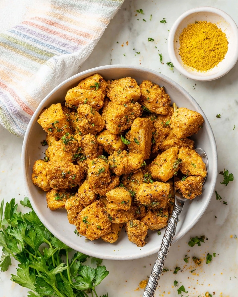 A white bowl filled with many small, golden brown, crispy chunks of fried food sprinkled with bits of green herbs on top. A metal spoon with a twisted handle is partially inside the bowl, holding a few pieces. Next to the bowl is a small bunch of fresh green parsley, and a small white bowl filled with yellow powder is slightly visible on the right side. The bowl is placed on a white marbled surface with some scattered crumbs, and a white cloth with pastel stripes is partly seen in the upper left corner. Photo taken with an iphone --ar 4:5 --v 7