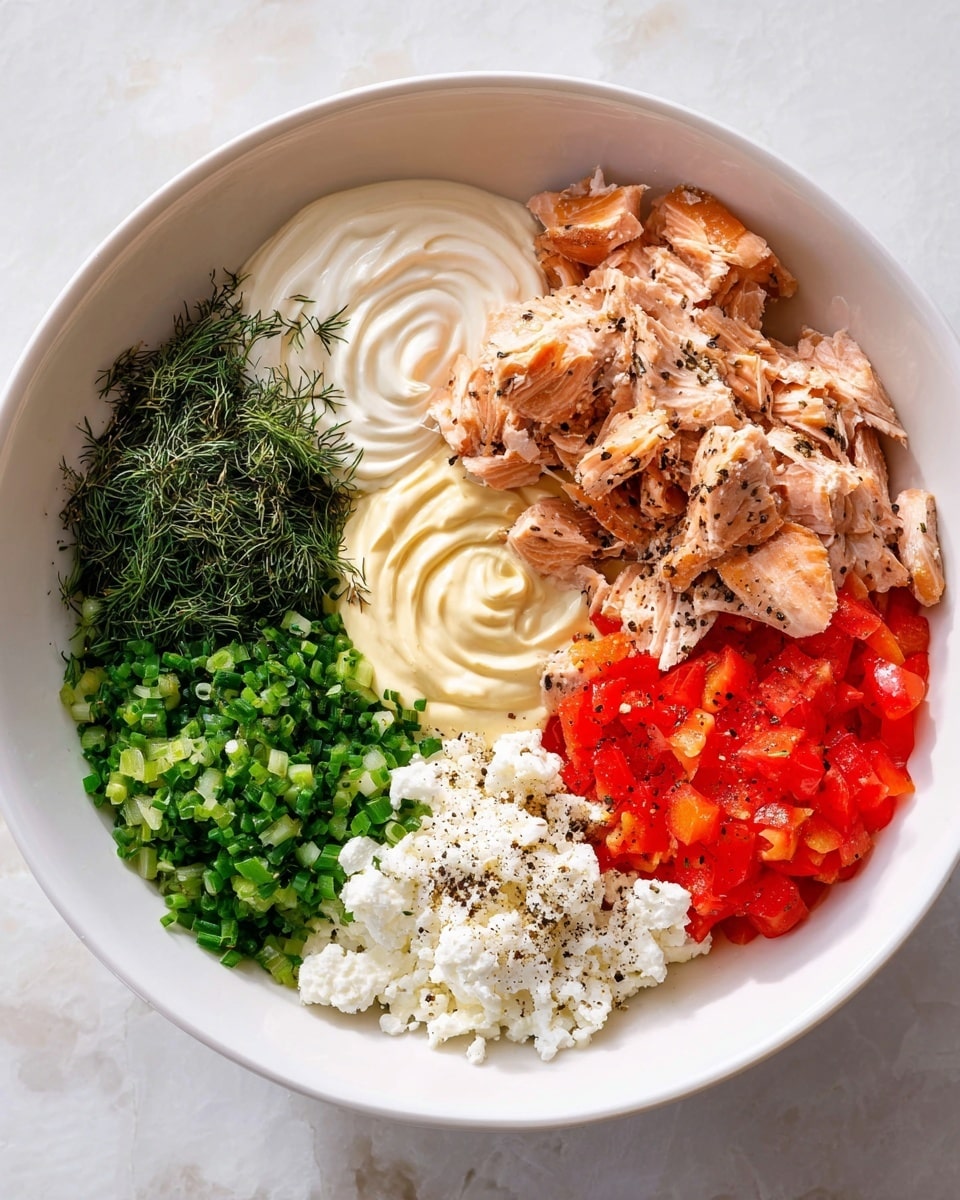 A white bowl sits on a white marbled surface filled with seven distinct layers of ingredients arranged side by side, not mixed. On the top right, there are pieces of cooked salmon with a browned, slightly crispy texture and a pinkish color inside. Next to the salmon is a light cream-colored swirled mayonnaise layer, smooth and shiny. Below the mayonnaise is a small dollop of pale yellow mustard. On the left side, finely chopped green onions and chives form one bright green layer, and beside it is a pile of dried dill with a dark green color and feathery texture. Next to that is a white dollop of sour cream sprinkled with black pepper. At the bottom center is a crumbly white cheese, and on the bottom right, finely diced red bell peppers add a fresh, bright red layer. The photo taken with an iphone --ar 4:5 --v 7