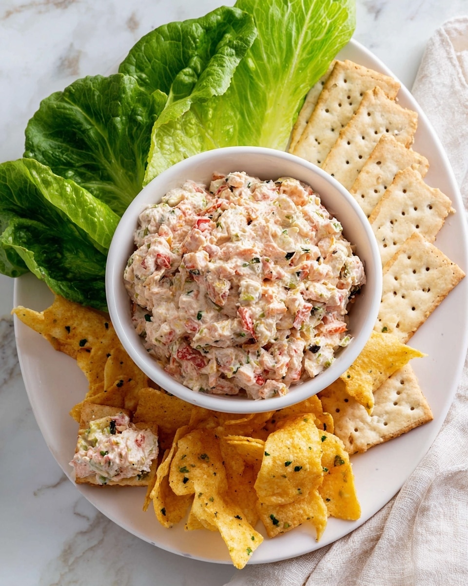 A white bowl filled with a creamy dip that shows mixed small chunks of pink, red, green, and black colors, indicating ingredients like finely chopped vegetables and herbs, sits in the center of a white plate. Around the bowl, there are fresh, bright green romaine lettuce leaves arranged on the left side, while long, rectangular crackers with a light golden-brown color and small black seeds are placed behind the bowl on the right. In front of the bowl on the plate, more of these crackers are spread out next to wavy, thin yellow chips garnished with sprinkles of green herbs. One of the rectangular crackers is partially dipped into the creamy mixture. The whole setting rests on a white marbled surface with a light cloth folded at the upper right corner. Photo taken with an iphone --ar 4:5 --v 7