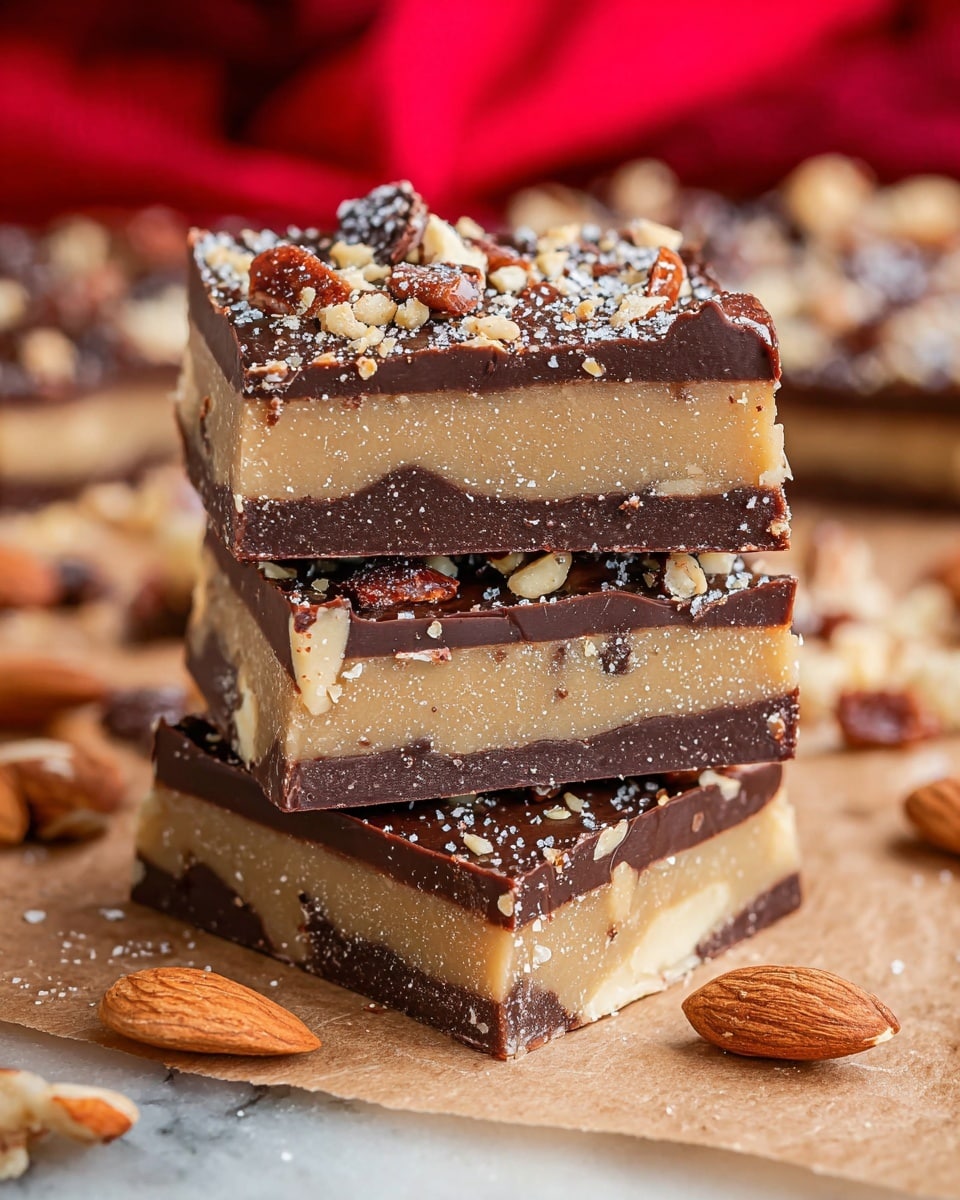The image shows a close-up stack of three square nutty chocolate bars on a light brown paper with scattered almonds around. Each bar has three layers: the bottom layer is dark brown chocolate with a smooth texture, the thick middle layer is light tan with visible whole almonds embedded in it, and the top layer is dark brown chocolate sprinkled with small crushed nuts. The whole scene is on a white marbled background, with blurred red and brown colors in the background. photo taken with an iphone --ar 4:5 --v 7
