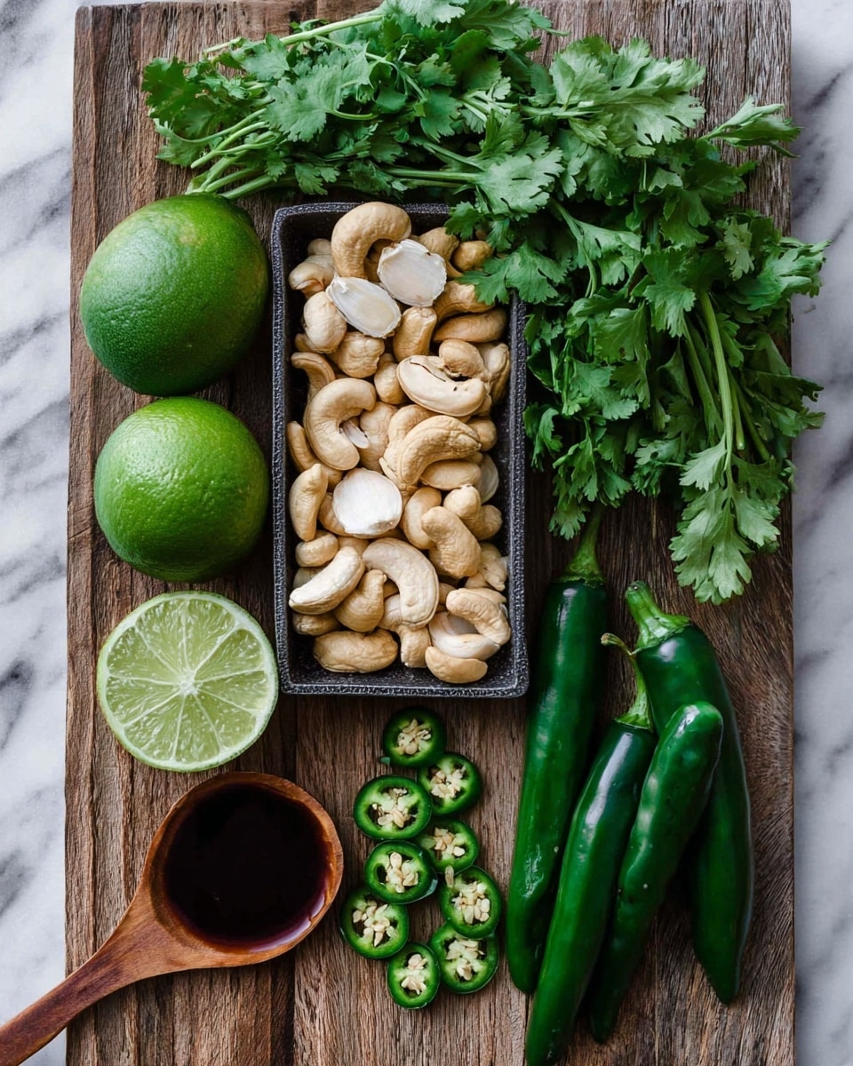 This image shows fresh raw ingredients neatly arranged on a wooden board with white marbled texture underneath. On the left, two whole green limes sit next to a bunch of green cilantro with leafy texture. In the center, a rectangular dark tray is filled with pale cashew nuts, topped with two light brown garlic cloves. To the right, four whole long green chili peppers lie next to several slices of chili showing seeds inside. At the bottom left is a small wooden spoon filled with dark brown liquid, placed horizontally. The textures vary from smooth limes, leafy greens, firm cashews, shiny chilies, to rough wood and stone surfaces. Photo taken with an iphone --ar 4:5 --v 7