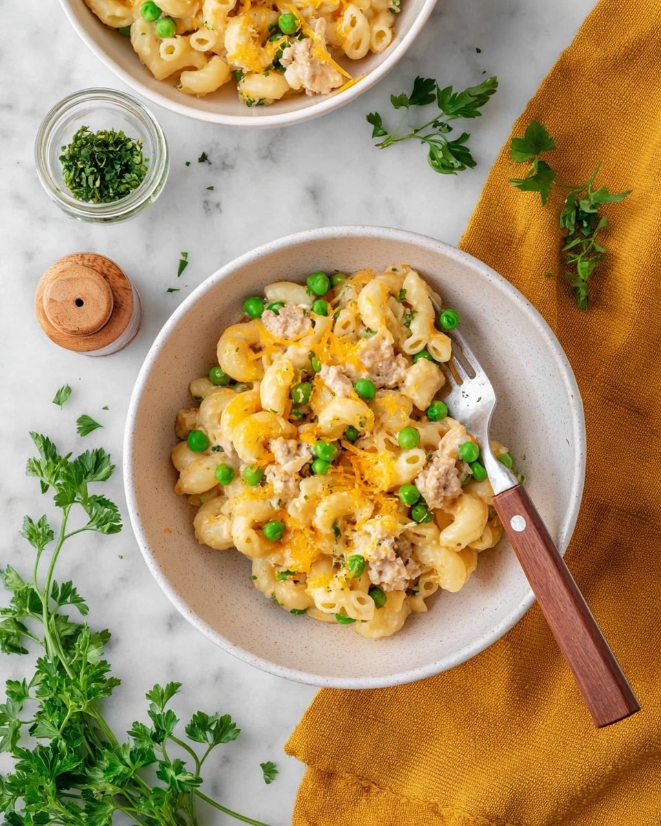 A white bowl filled with a macaroni dish showing three main layers: at the base, pale yellow macaroni pieces, mixed throughout with bright green peas; the middle layer contains shredded light orange cheese mixed with small chunks of light beige meat; the top layer scatters more macaroni and peas, all with a creamy texture. A fork with a wooden handle rests in the bowl, its tines gently pressed into the food. The bowl sits on a white marbled surface next to a mustard yellow cloth napkin. In the background, there is a second white bowl with more of the same dish, a small glass spice jar with a wooden lid, and fresh green parsley sprigs placed around. photo taken with an iphone --ar 4:5 --v 7