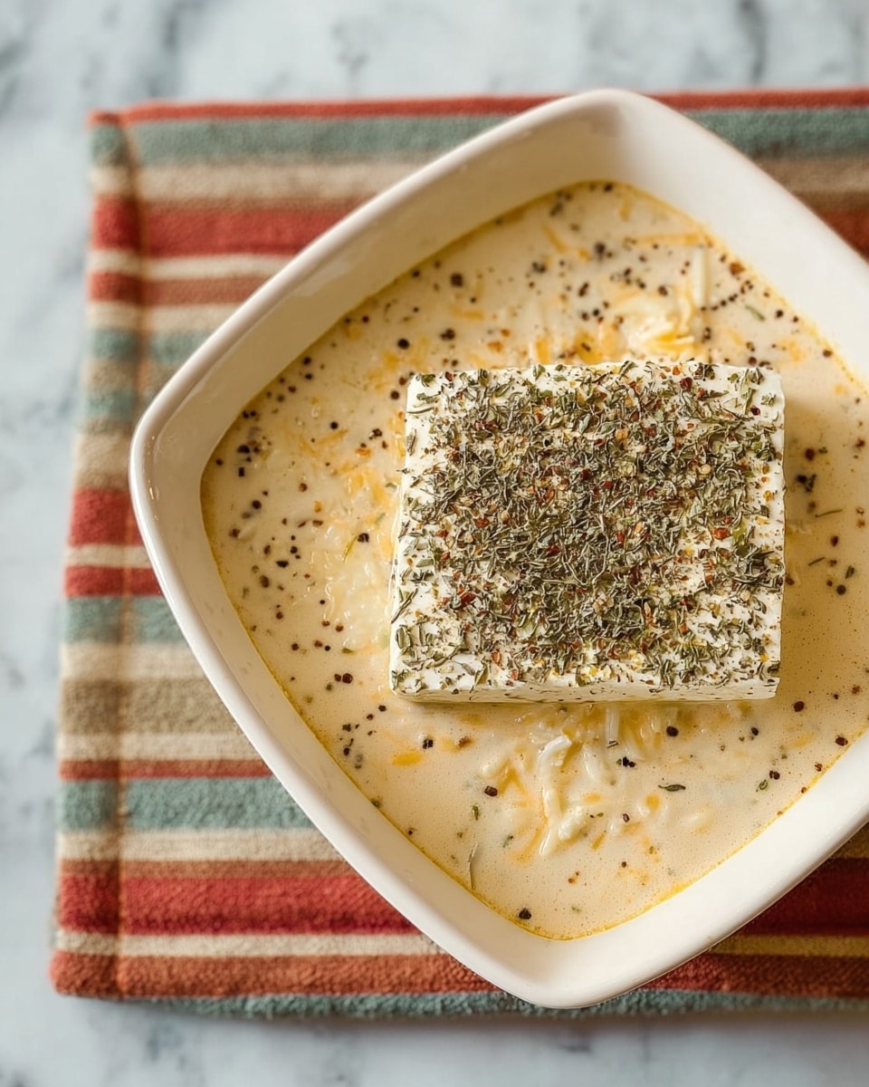 A white square dish holds a creamy, light beige sauce with visible small pieces of shredded light yellow cheese mixed in. In the center rests a large, solid white block of cheese or tofu, sprinkled generously with a mix of black and green dried herbs and spices. The dish is placed on a white marbled surface covered partially with a cloth featuring horizontal stripes in red, beige, and muted green. The texture of the sauce looks smooth and thick, with a slightly glossy finish. Photo taken with an iphone --ar 4:5 --v 7