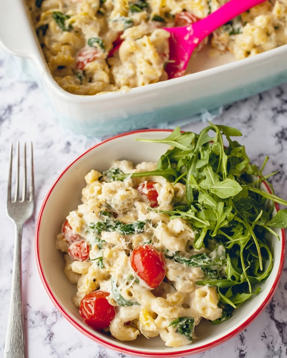 The image shows a dish of creamy pasta with two main layers in a white bowl: the bottom layer is a mixture of pale yellow cooked pasta shapes coated in a thick, light cream sauce with small green spinach leaves and bright red cherry tomato halves scattered throughout, while the top layer consists of fresh, vibrant green watercress arranged to one side. The bowl sits on a white marbled surface with a silver fork next to it, and in the background, a white baking dish contains more of the creamy pasta with a bright pink spoon resting inside. Photo taken with an iphone --ar 4:5 --v 7