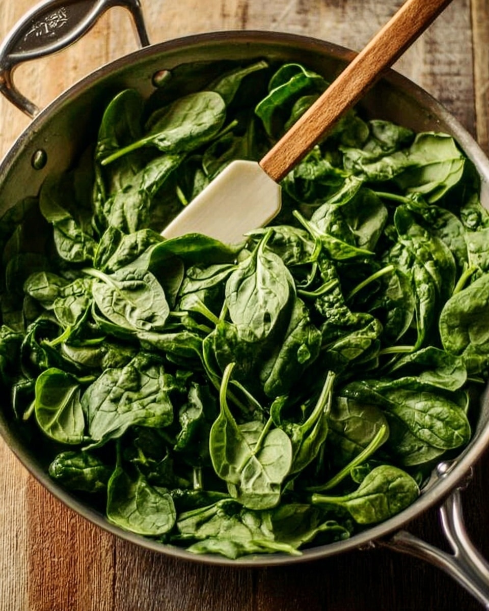 The image shows a large silver pan filled with fresh green spinach leaves that are slightly wilted. The spinach covers the whole pan with some leaves overlapping each other, giving a textured, leafy look. A wooden spatula with a pale white silicone tip is resting inside the pan, placed towards the left side. The pan is sitting on a wooden surface. The lighting is soft, highlighting the green color and natural veins of the spinach leaves. photo taken with an iphone --ar 4:5 --v 7
