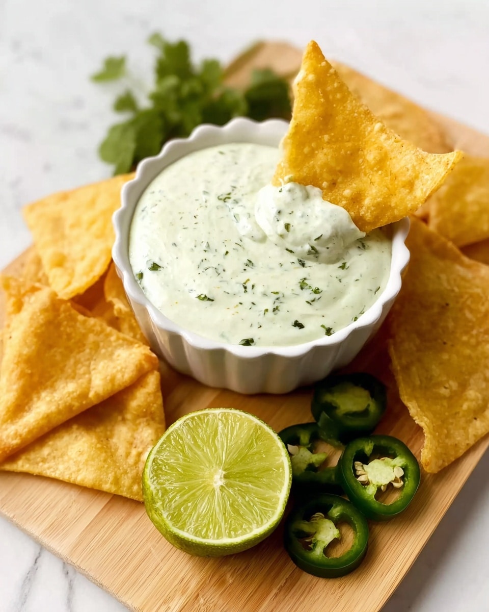 The image shows a white scalloped bowl filled with creamy green dip that has small green herb bits in it. One crispy golden triangle chip is partly dipped in the sauce inside the bowl. Around the bowl, there are more golden triangle chips placed on a light wooden board. On the side of the board, there are fresh green sliced jalapeños and half a lime, cut to show its inside. Some green leafy herbs are also visible near the lime. The whole setup is on a white marbled surface. photo taken with an iphone --ar 4:5 --v 7