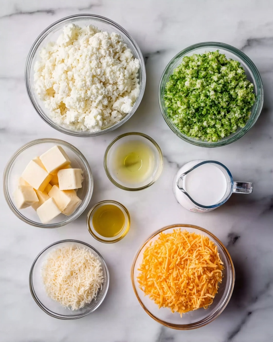 There are seven bowls arranged on a white marbled surface, each holding different ingredients. The largest bowl on the left contains white finely grated cauliflower with a fluffy texture. Next to it on the right, another large bowl holds finely chopped green herbs or broccoli. To the right of that is a glass measuring cup filled with white cream. In the front row from left to right: a small bowl with three cubes of pale yellow butter, a small bowl of golden olive oil, another small bowl with light beige minced garlic, and a medium bowl filled with bright orange shredded cheese. All the bowls are clear glass, showing the ingredients inside clearly. Photo taken with an iphone --ar 4:5 --v 7